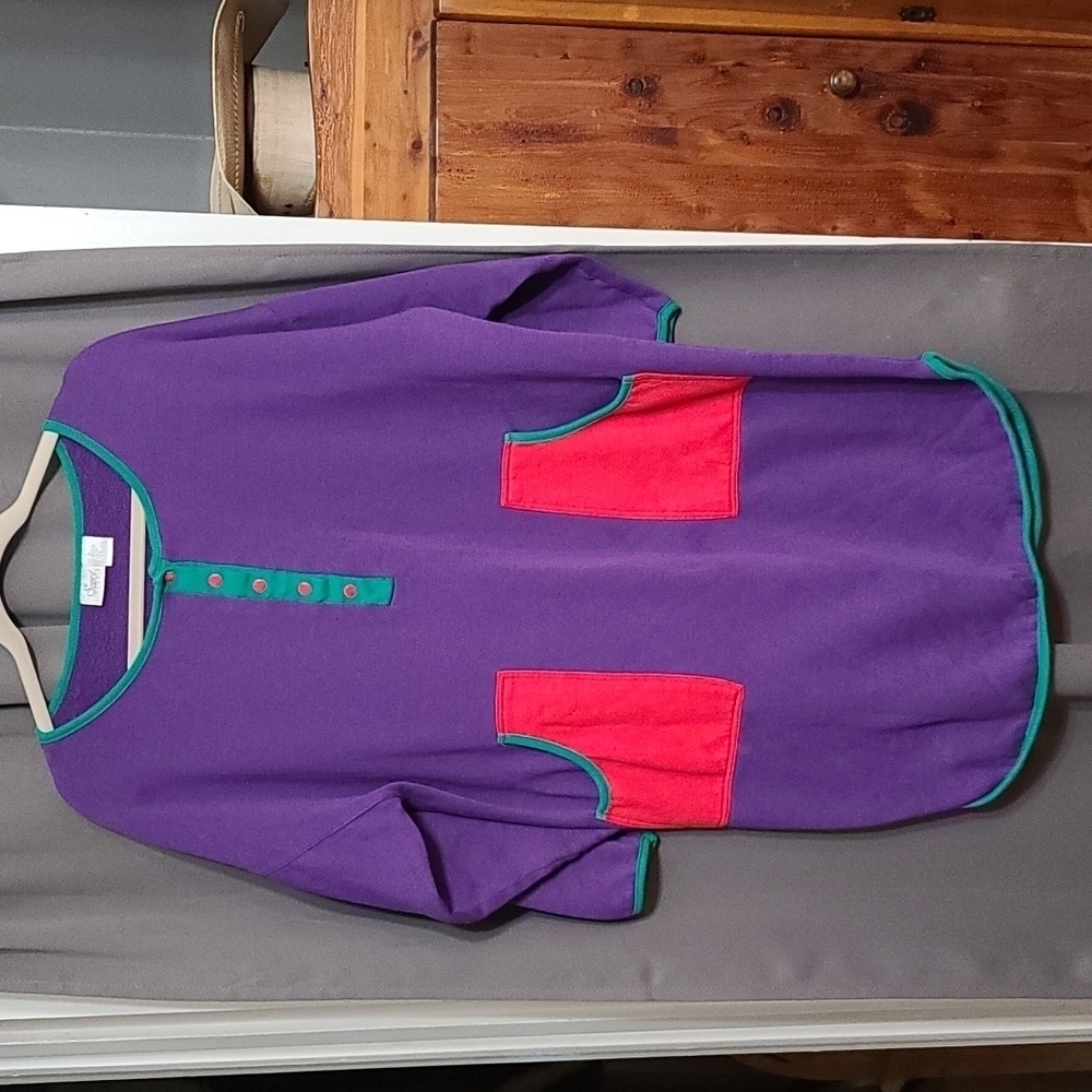 VTG Sopre Lingerie Nightgown Colorblock Snap front‎ Pockets Fleece Line Sz M EUC